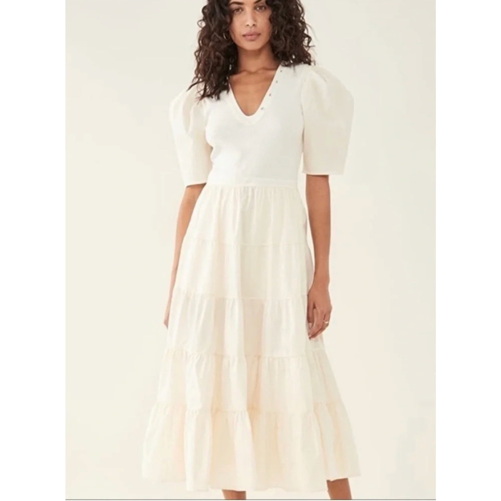 Ulla Johnson S Cotton Poplin Puff Sleeve Rory Dress Tiered Midi Ivory White $425 - Picture 2 of 11